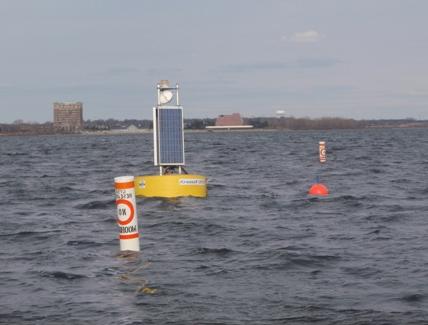 Buoy system showing surface buoy and surface markers for subsurface buoy and anchors